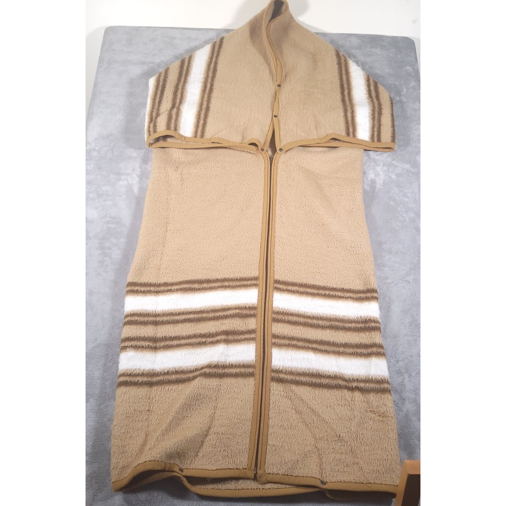Vintage Biederlack Blanket Cuddle Wrap Soft Snap Button Zip Brown White Stripes‎
